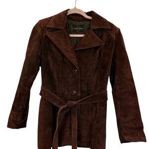 Beautiful Vintage Sears Jr Bazaar Warm Brown Suede Button Up Jacket W/Belt SZ 9